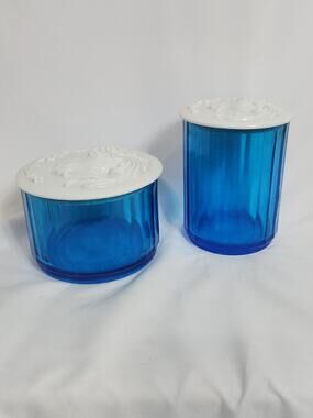 Vintage Blue Glass Canister Set White Ceramic Unicorn Lids Fantasy Vanity Jars 2